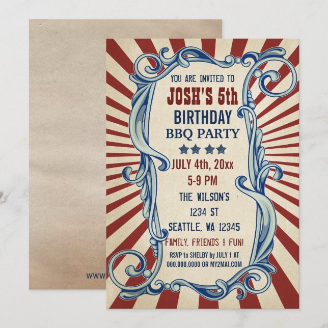 Invitations vintages 4 juillet fête d'anniversaire (Devant / Derrière)