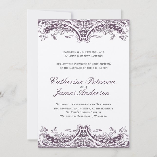 Invitations Vintages de mariage d'aubergines (Devant)