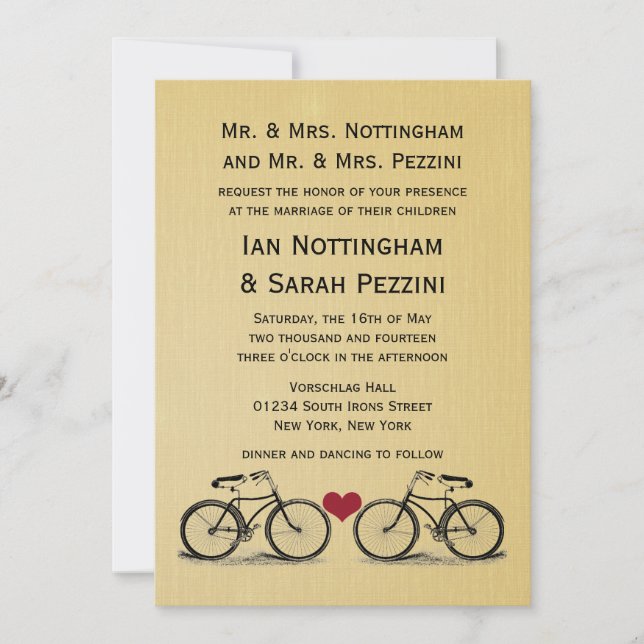 Invitations vintages de mariage de bicyclette (Devant)