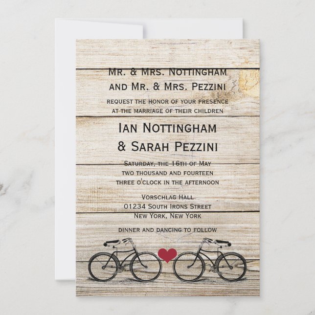 Invitations vintages de mariage de bicyclette (Devant)