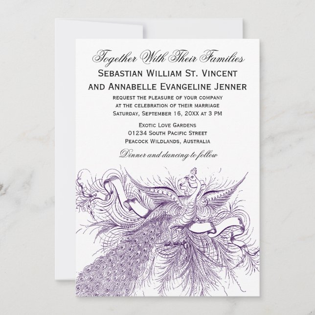 Invitations vintages de mariage de paon (Devant)