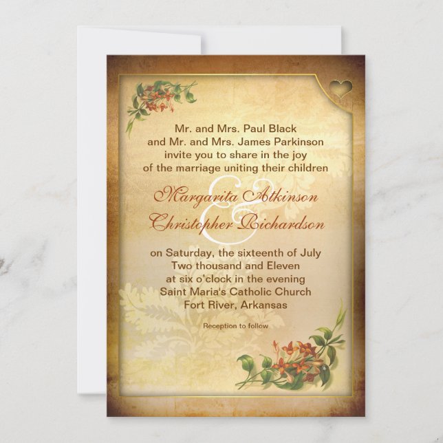 Invitations vintages de mariage marron victorien (Devant)