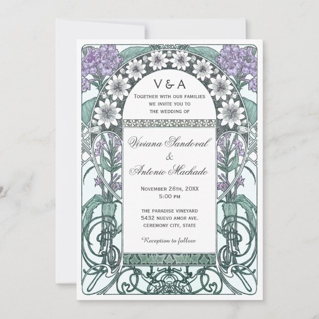 Invitations violettes vertes de mariage de jardin (Devant)