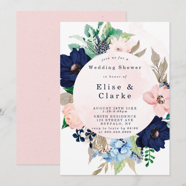 Invitations Wedding showers chic Navy Blush Rose F (Devant / Derrière)