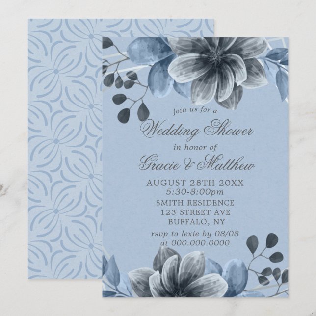 Invitations Wedding showers Dusty Blue Silver Flor (Devant / Derrière)