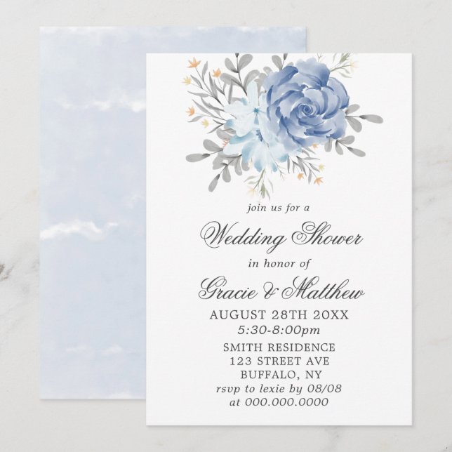 Invitations Wedding showers Dusty Blue Watercolor  (Devant / Derrière)