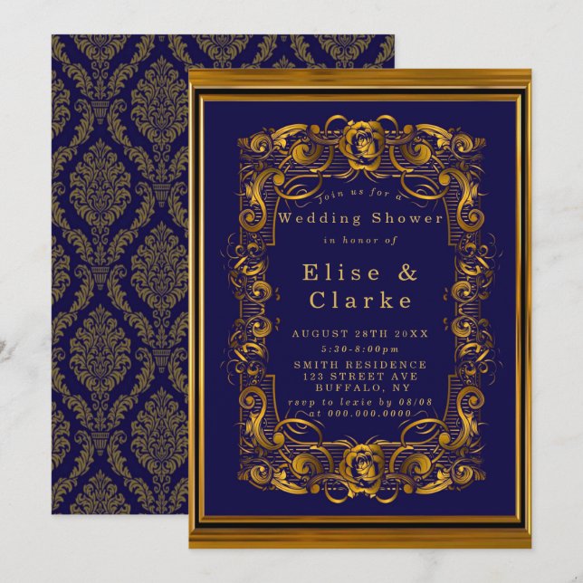 Invitations Wedding showers Royal Blue Gold (Devant / Derrière)