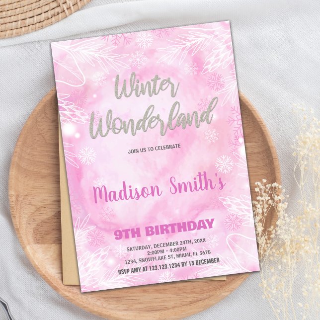 Invitations Winter Wonderland Parties scintillant  (Winter Wonderland Invitations Pink Silver Glitter)
