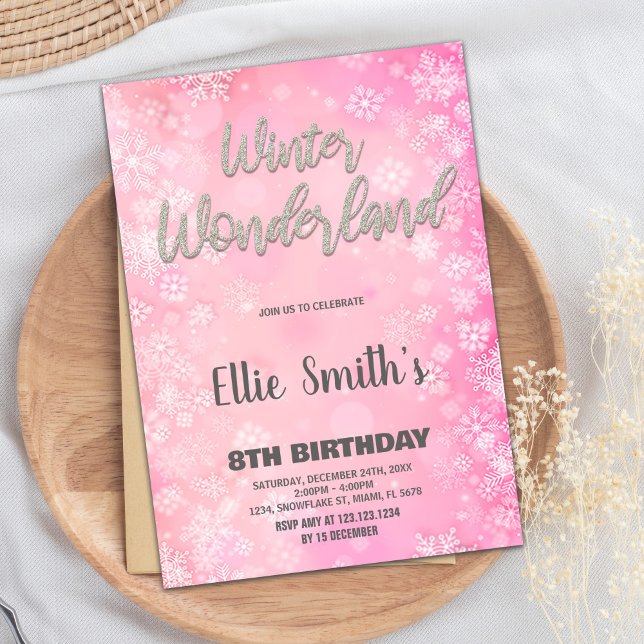Invitations Winter Wonderland Parties scintillant  (Winter Wonderland Invitations Pink Silver Glitter)