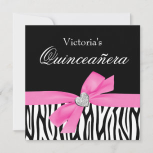 Invitations Zebra Pink Bow Diamond Quinceanera