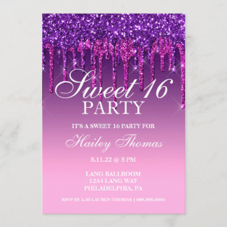 Invite - Lila & Pink Glitzer Tropfen 16 . Geburtst Einladung