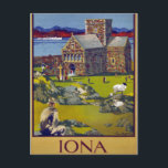 Iona Scotland Vintage Travel Poster restauriert Postkarte<br><div class="desc">Das restaurierte und digital verbesserte Reiseplakat zeigt eine Kirche in einer Landschaft mit Schafen und Sehern. Tränen und Schachtelmarken entfernt. Farben korrigiert. Bild mit freundlicher Genehmigung der Kongressbibliothek.</div>