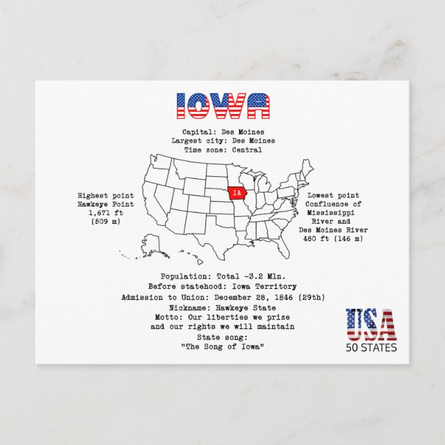 Iowa American Staat auf einer Karte und nützliche  (Vorderseite)