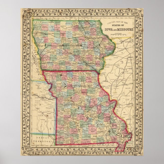 Iowa, Missouri Karte von Mitchell Poster (Vorne)