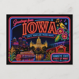 Iowa Neon State Retro Vintage Postkarte