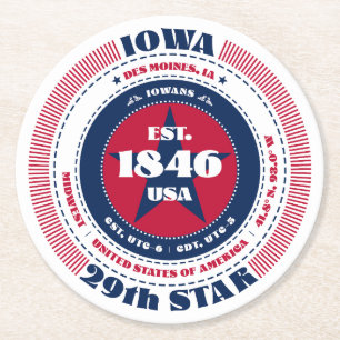 Iowa Red White Blue Typografie Runder Pappuntersetzer