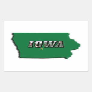 Iowa Staat Karte Grüne Kontur und Foto Text Rechteckiger Aufkleber
