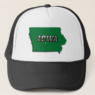 Iowa Staat Karte Grüne Kontur und Foto Text Truckerkappe