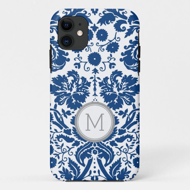 iPhone5s Marine-Blau-Damast-Monogramm Case-Mate iPhone Hülle (Rückseite)
