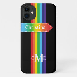 iPhone 11 Hülle | Regenbogen Streifen mit Monogram