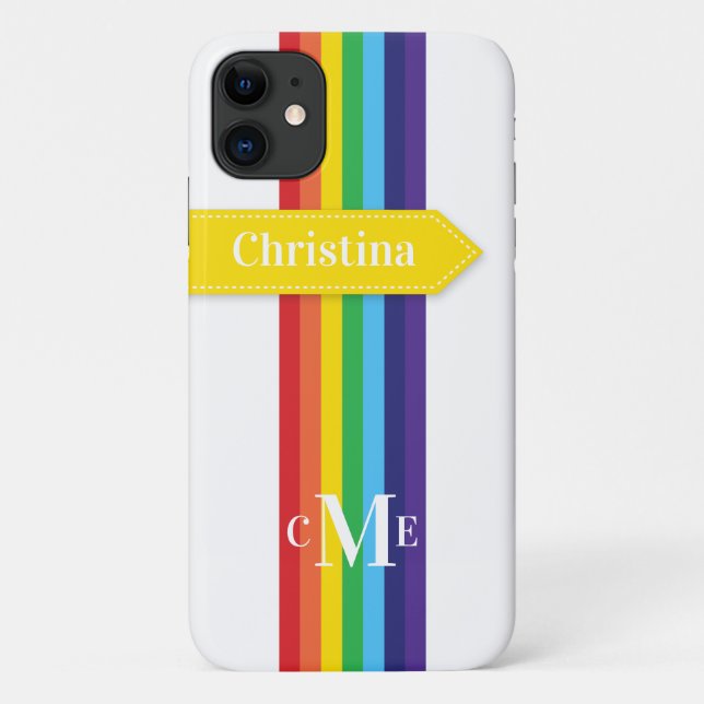 iPhone 11 Hülle | Regenbogen Streifen mit Monogram (Rückseite)