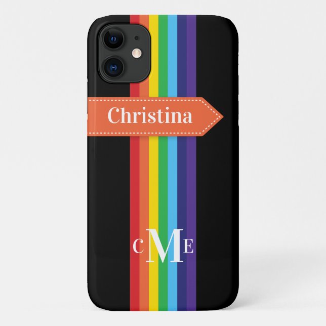 iPhone 11 Hülle | Regenbogen Streifen mit Monogram (Rückseite)