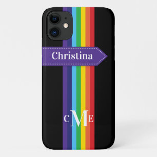 iPhone 11 Hülle   Regenbogen Streifen mit Monogram