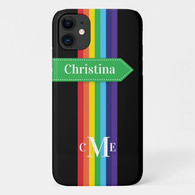 iPhone 11 Hülle | Regenbogen Streifen mit Monogram (Rückseite)