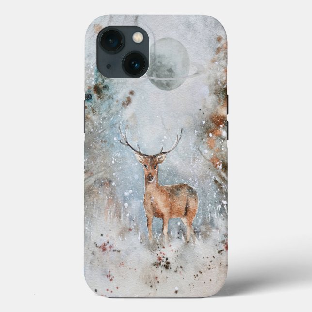 iPhone 13 Coque avec Cerf Peint & Planet (Verso)