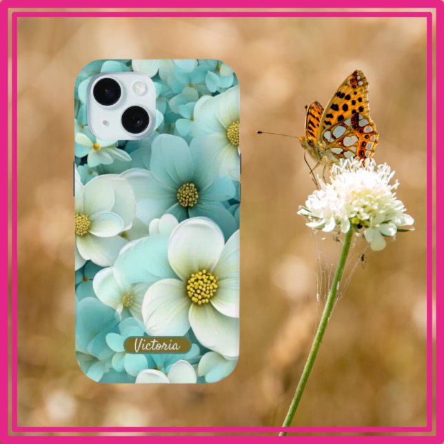 iPhone 15 Case Green & White Floral Design & Name (Von Creator hochgeladen)