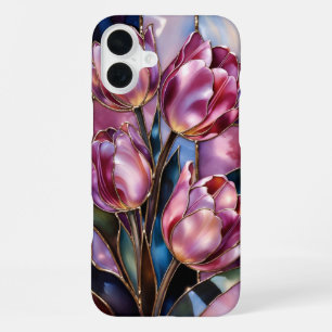 iPhone 16 Plus Coque de téléphone style vitrail Tulipe rose