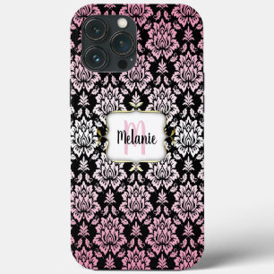 Etui iPhone 13 Pro Max Élégant Damas rose et noir avec Coque Monogram-M