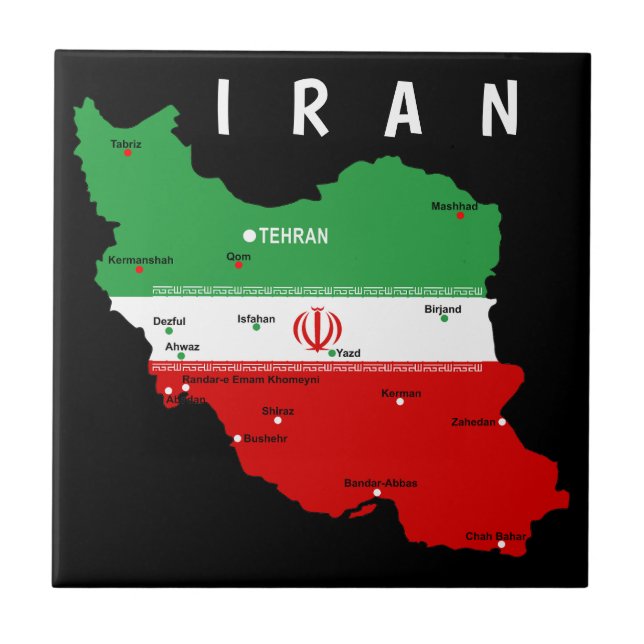 Iran Karte mit Flagge und Emblem Fliese (Vorderseite)