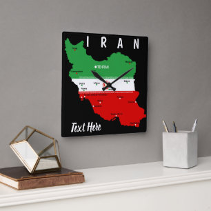 Iran Karte mit Flagge und Emblem Quadratische Wanduhr