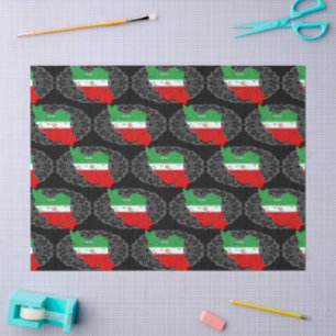 Iran Karte mit Flagge und Emblem Seidenpapier