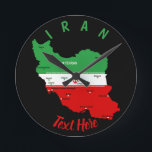 Iran Map with Flag and Emblem Runde Wanduhr<br><div class="desc">Iran Political Map with capital Tehran,  national borders,  most important cities,  rivers and lakes. The Iranian Flag Colors are superposed on the Map Silhouette. Vector Illustration by BluedarkArt TheChameleonArt</div>