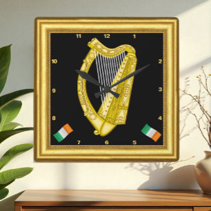 Ireland Clock, Gold Frame, Irish Harp, Vintag Quadratische Wanduhr