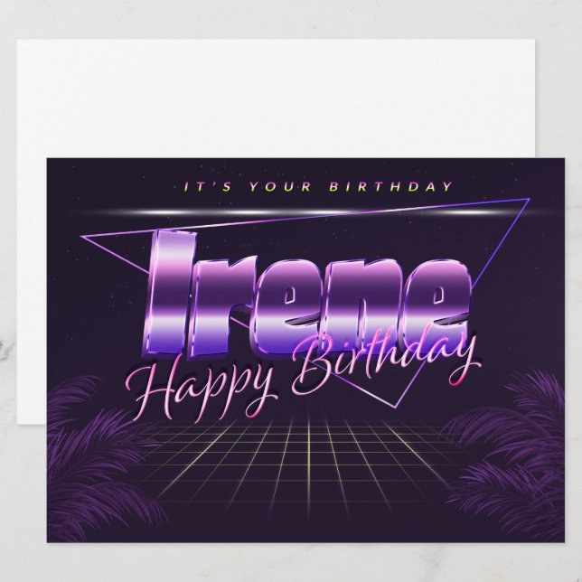 Irène Nom Prénom lila retro carte Anniversaire (Devant / Derrière)