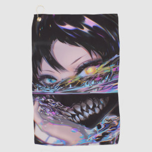 Iridescent Anime Horror: Liquid Smile Monster Golfhandtuch