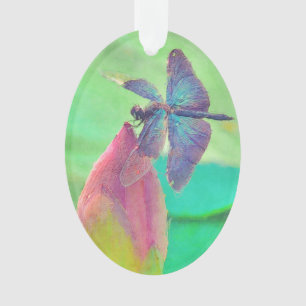 Iridescent Blue Dragonfly auf rosa Wasserlilie Ornament