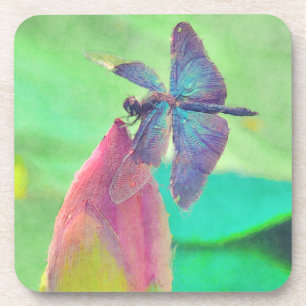 Iridescent Blue Dragonfly auf rosa Wasserlilie Untersetzer