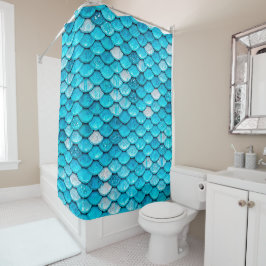 Iridescent Blue Glitzer Shiny Mermaid Fischskala Duschvorhang