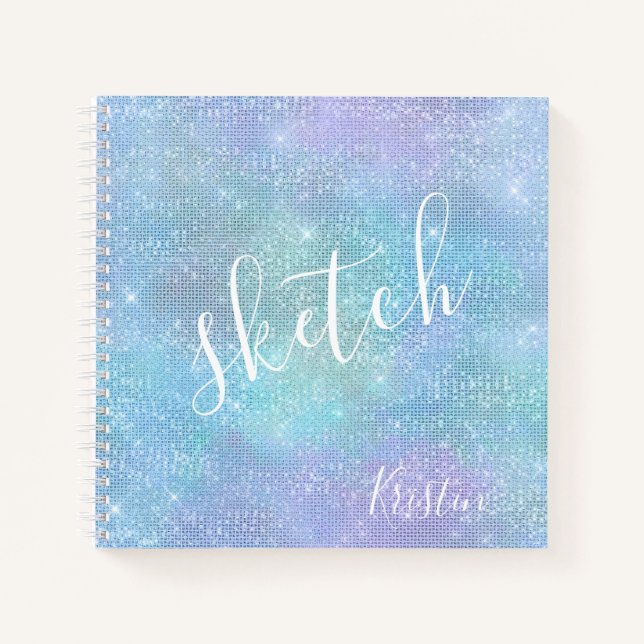 Iridescent Blue Lila Glitzer Name Sketchbook Notizbuch (Vorderseite)