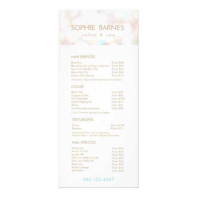 Iridescent Bokek Salon Price List Service Menu Werbekarte (Vorne)