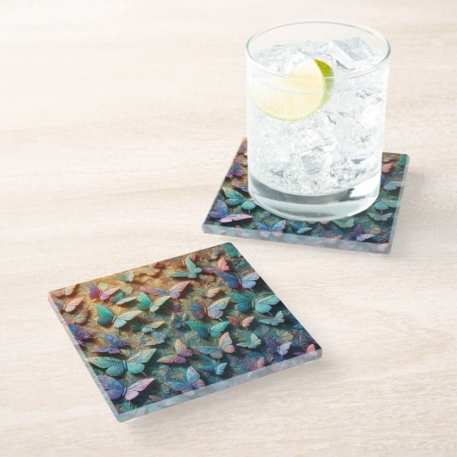 Iridescent Butterfly Garden Mousepad Glasuntersetzer (Schrägansicht)