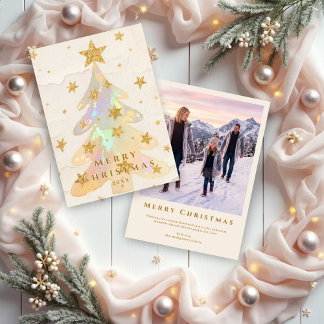 Iridescent Christmas Tree Watercolor Gold Stars Feiertagskarte