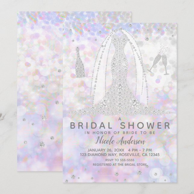 Iridescent Diamond Wedding Dress Brautparty Einladung (Vorne/Hinten)