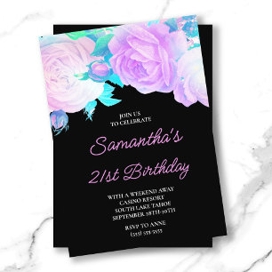 Iridescent Floral Pink und Black 21. Geburtstag Einladung