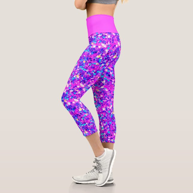 Iridescent Fuchsia Star Glitzer Capri Leggings (Links)
