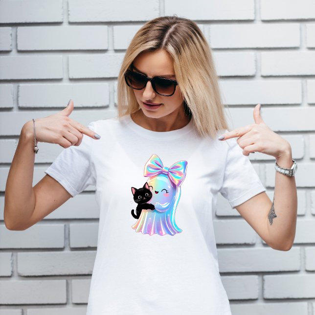 Iridescent Ghost & Black Cat Niedlich Girl Hallowe T-Shirt (Cute Holographic Ghost & Black Cat T-Shirt Spooky Season Style)